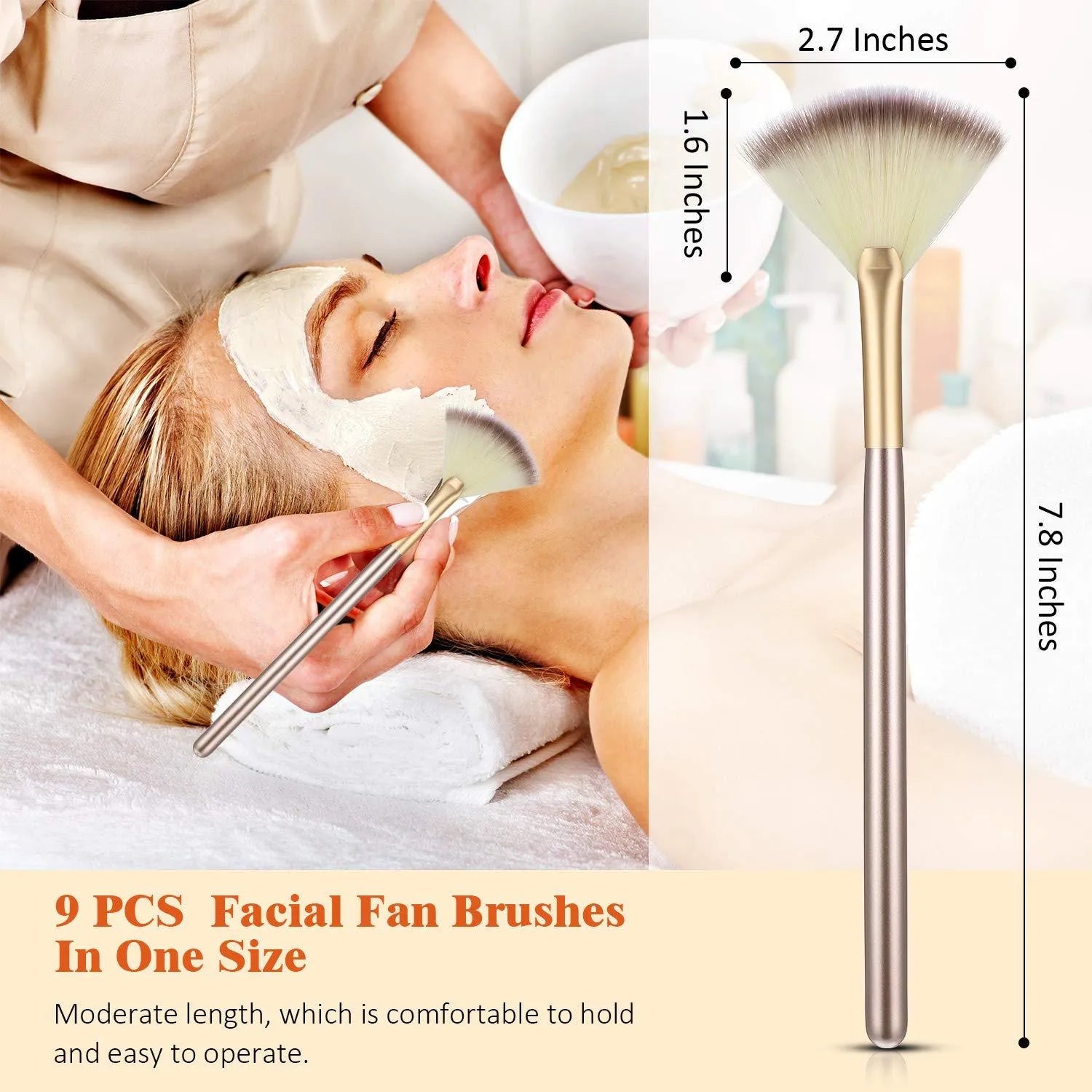 Ten champagne-coloured fan makeup brushes with soft fibre bristles and protective covers laid out.
