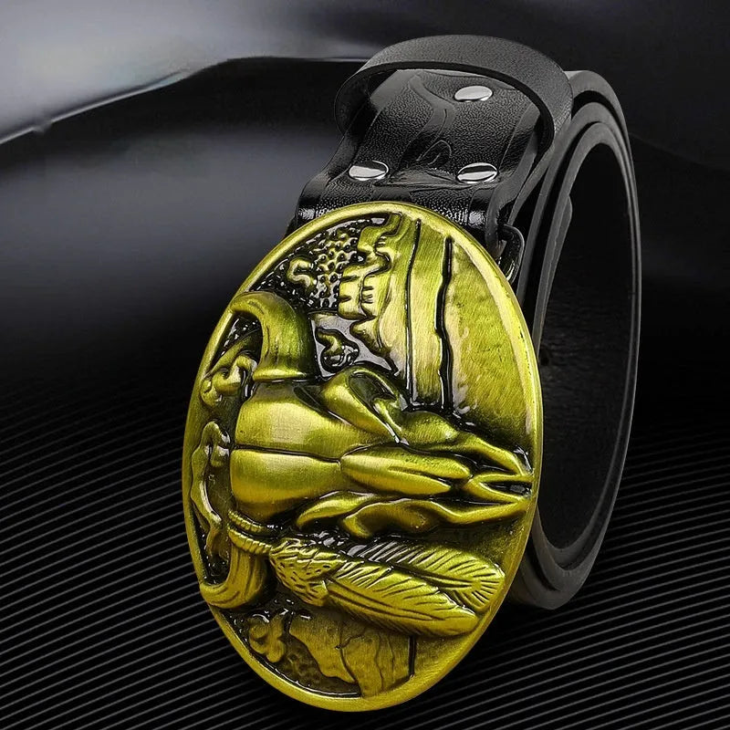 Men's imitation leather belt with decorative alloy cow head buckle in black or brown colours
