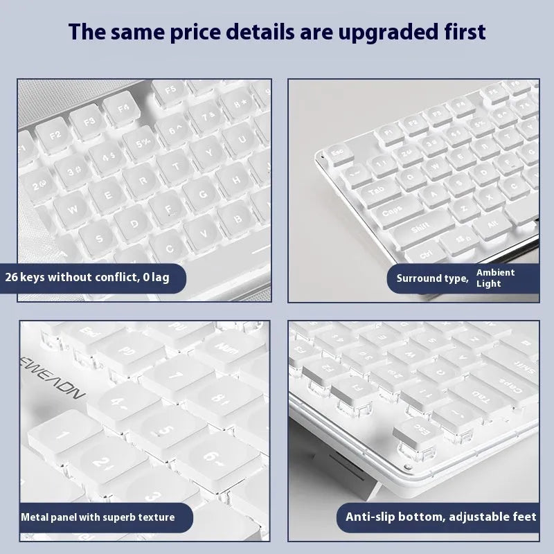 Wired mechanical feel keyboard with mute button in ABS plastic, showing white light variant
