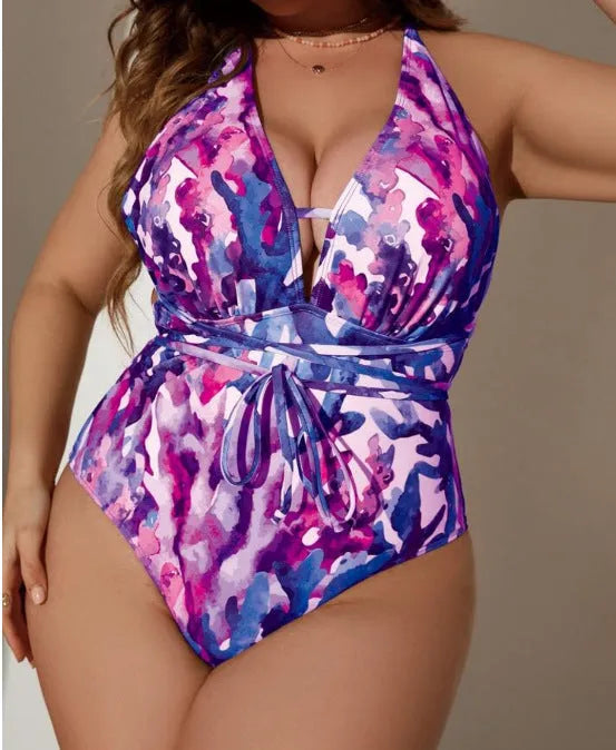 Solid blue one-piece halter neck swimsuit bikini for women on a mannequin