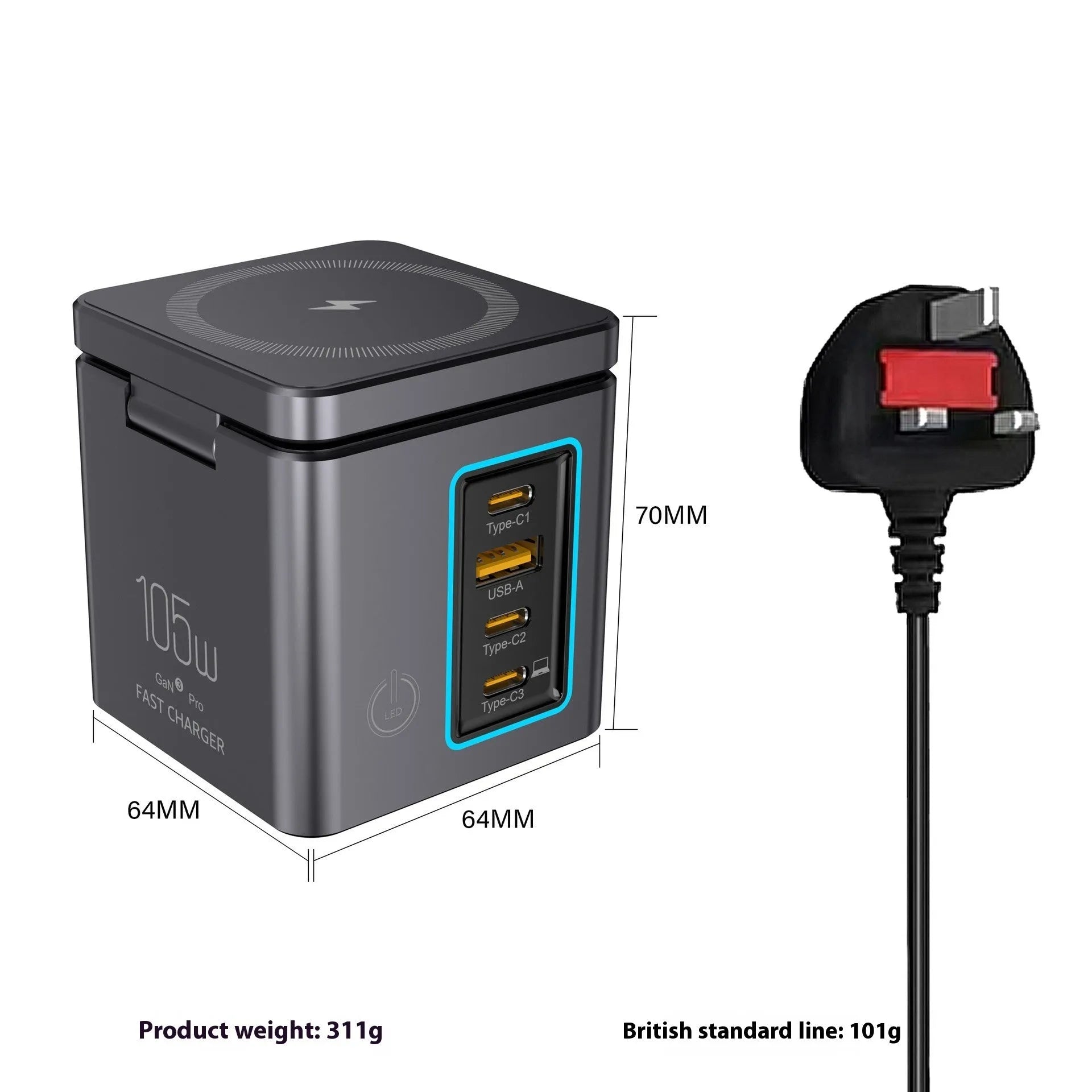 105W black Gallium Nitride magnetic wireless charger with interchangeable UK EU US AU plugs