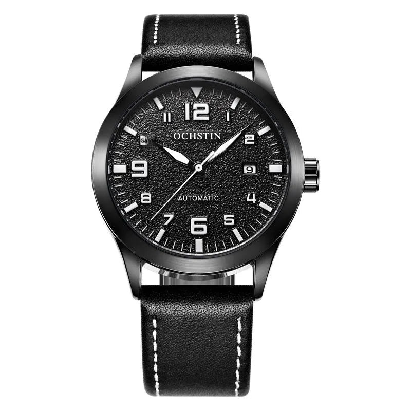 Men's automatic mechanical watch with leather strap and stainless steel case