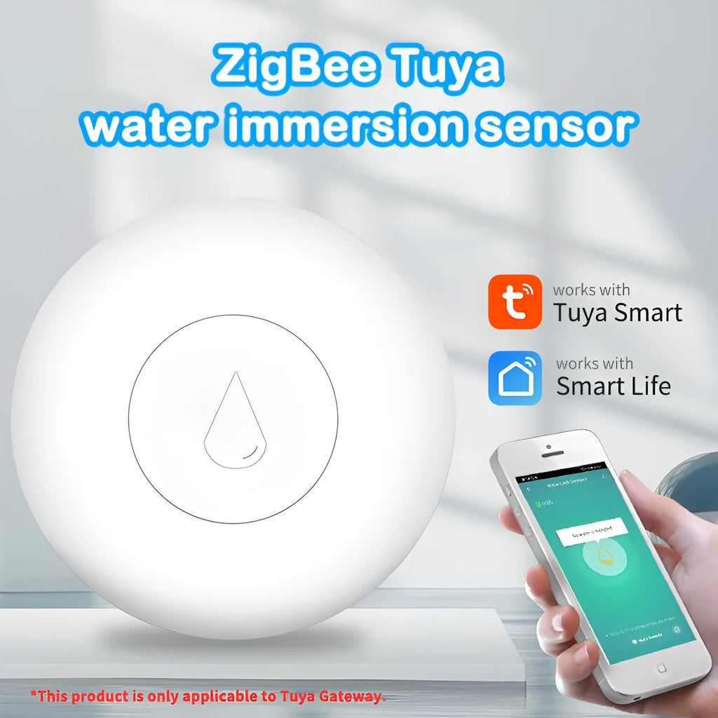 Compact white Zigbee wireless water leak flood sensor with FCC and CE certification marks
