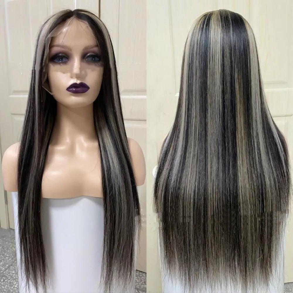 Piano color highlight human hair straight wig 13x4 150 density 18inch long natural look