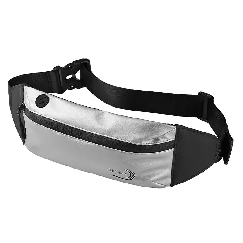 Men's waterproof waist bag in black, blue, and grey colours with 45cm by 10cm by 3cm dimensions