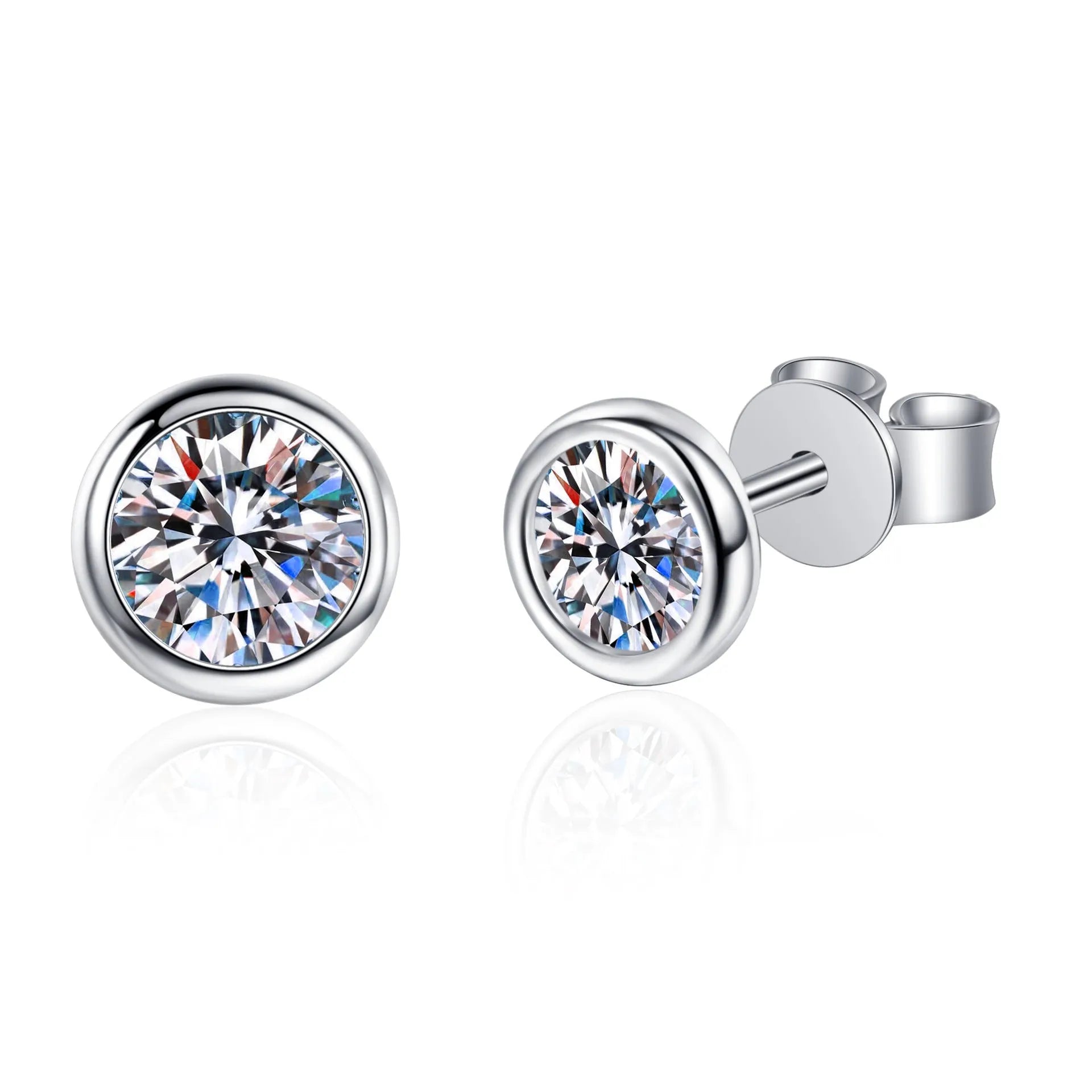 Gold-plated geometrical stud earrings with moissanite or zircon stone on a white background.