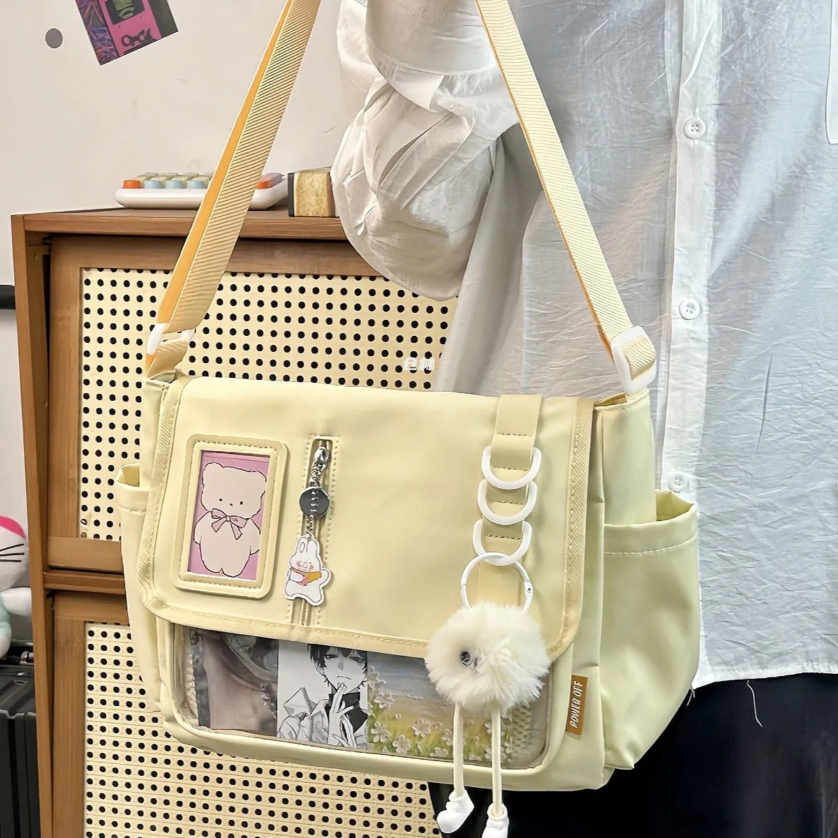 Canvas crossbody bag, horizontal square, 33x27x15cm, waterproof, soft, with optional pendant, black blue white yellow