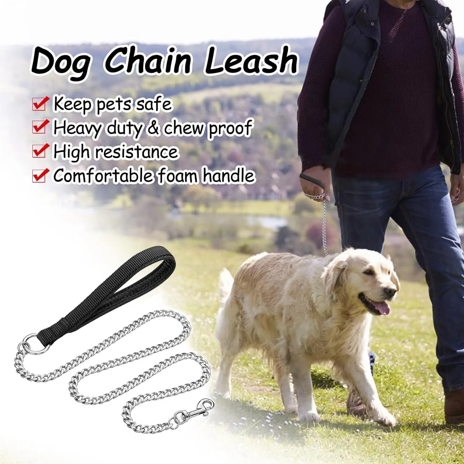 Black heavy duty metal dog chain leash with a soft blue padded handle, shown at full 120cm length.