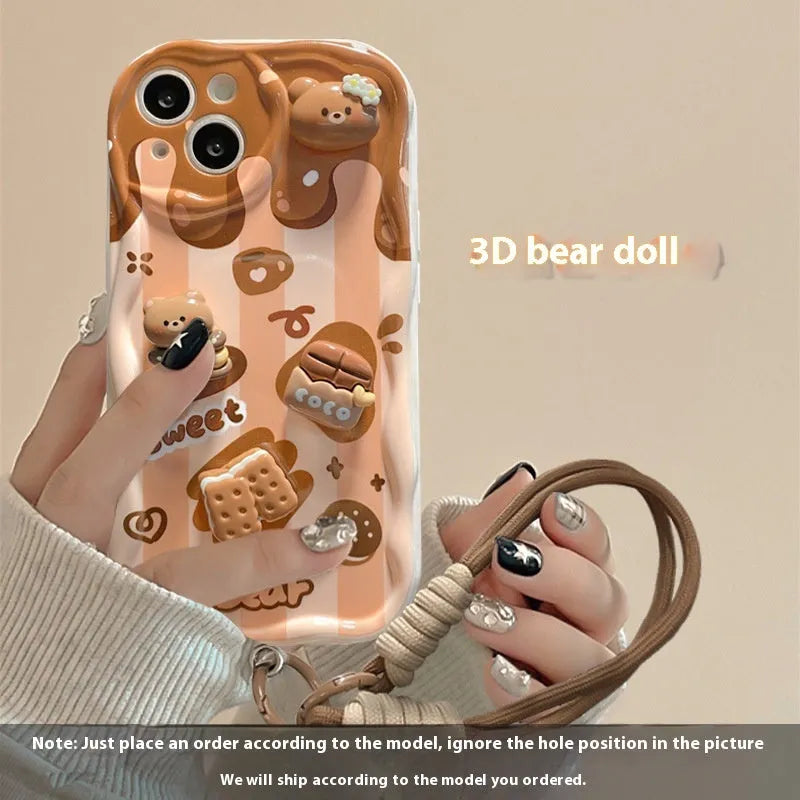 White silicone phone case with chocolate bear doll lanyard for iPhone 15 Pro