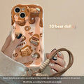 White silicone phone case with chocolate bear doll lanyard for iPhone 15 Pro