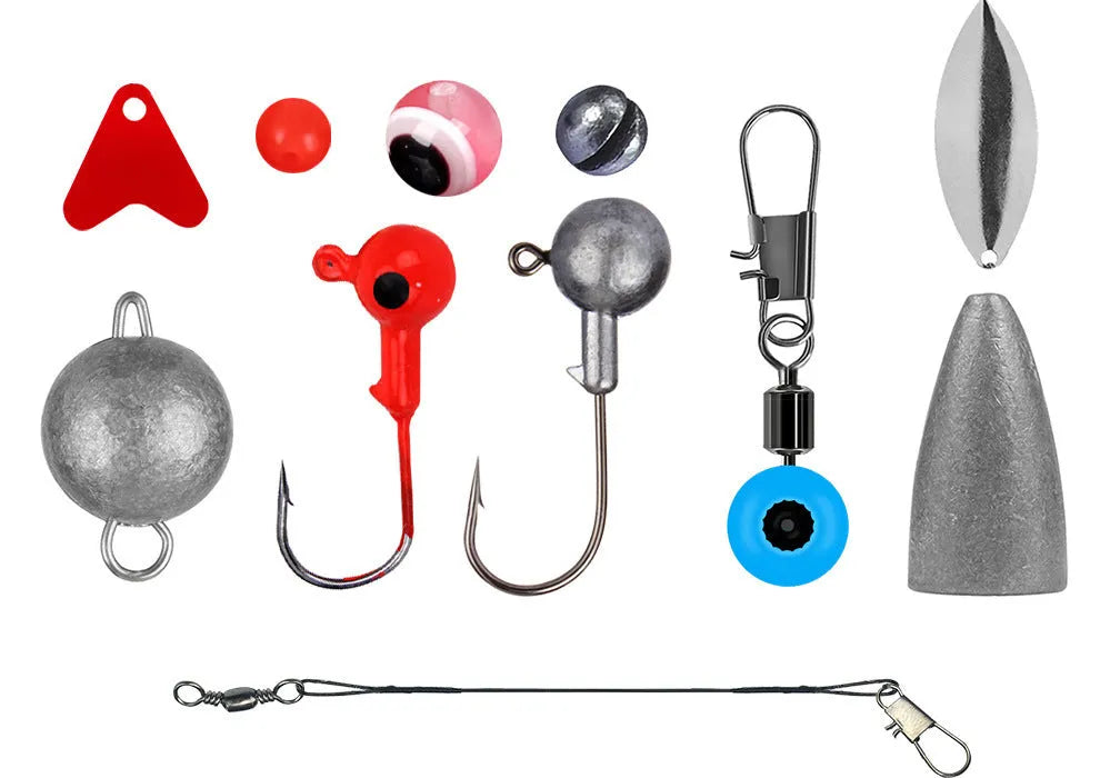 Orange ABS fishing tackle box open to show 257-piece fishhook and lure accessory set