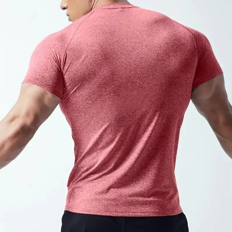 Men's black quick-drying stretch polyester short sleeve T-shirt on a hanger.