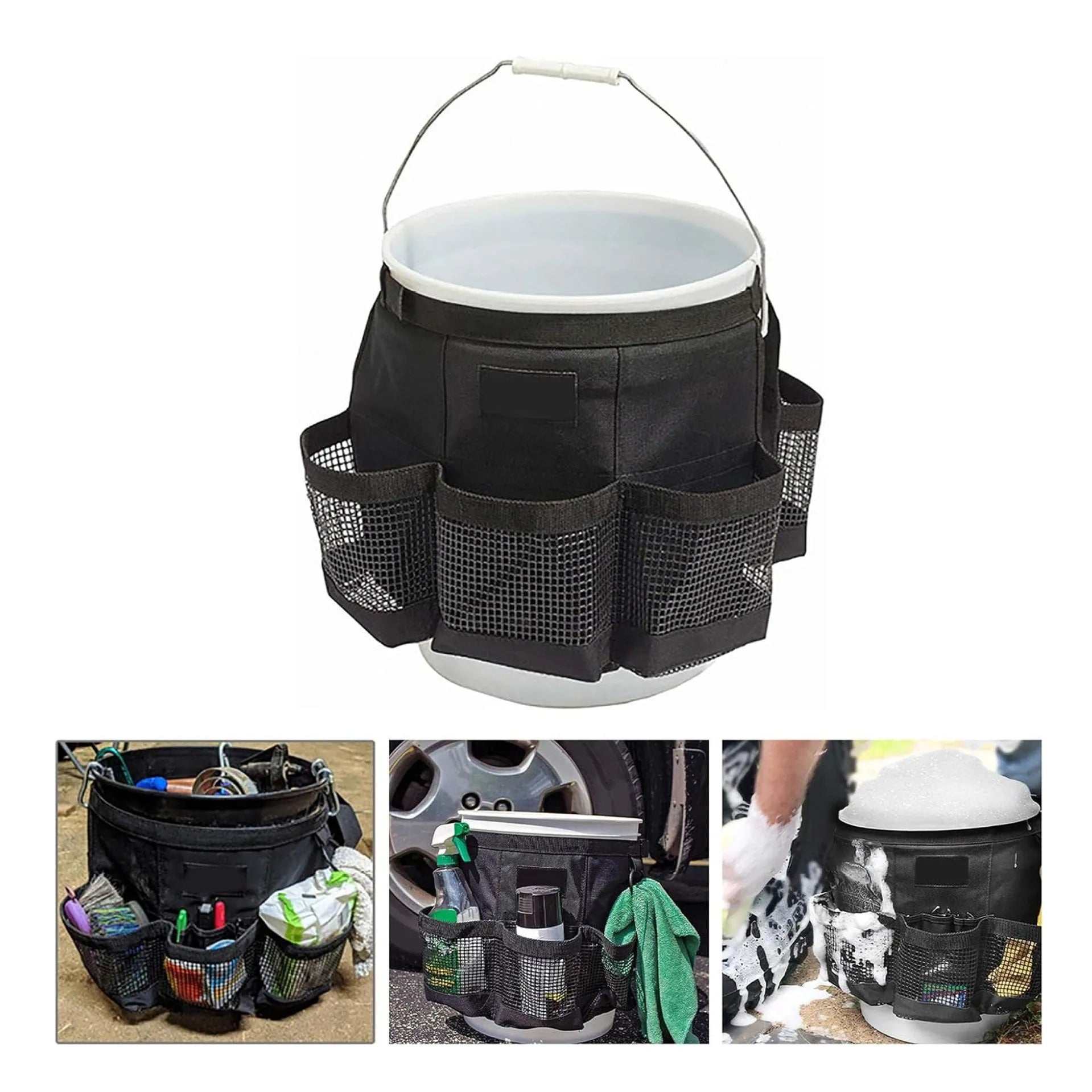 Black cylindrical buggy storage bag hanging from a 5 gallon barrel with car washing tools inside