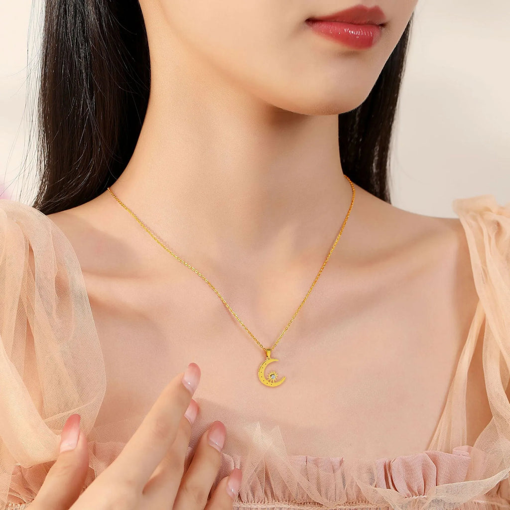 Titanium steel star moon pendant necklace for women, available in steel or gold colour, geometric design