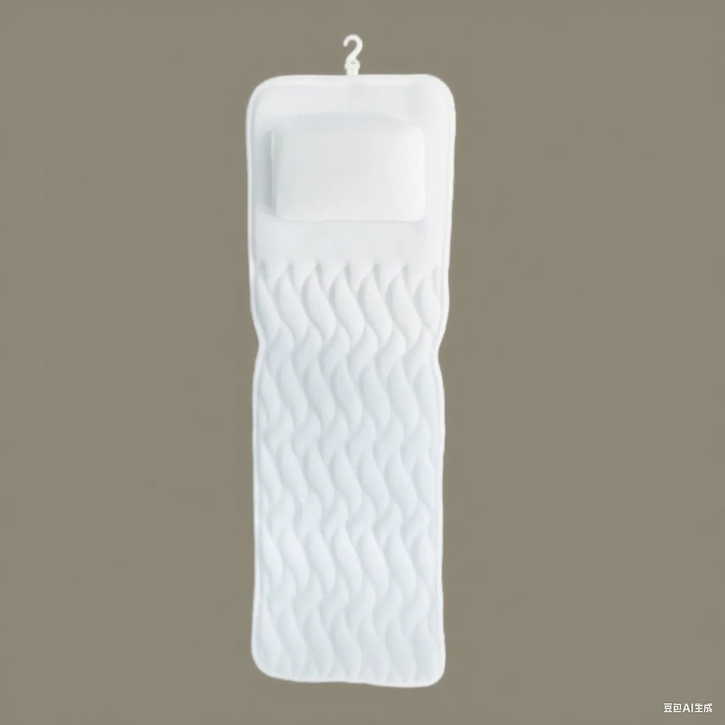 White bathtub pillow with 4D mesh design and 7 suction cups on 3D breathable material.