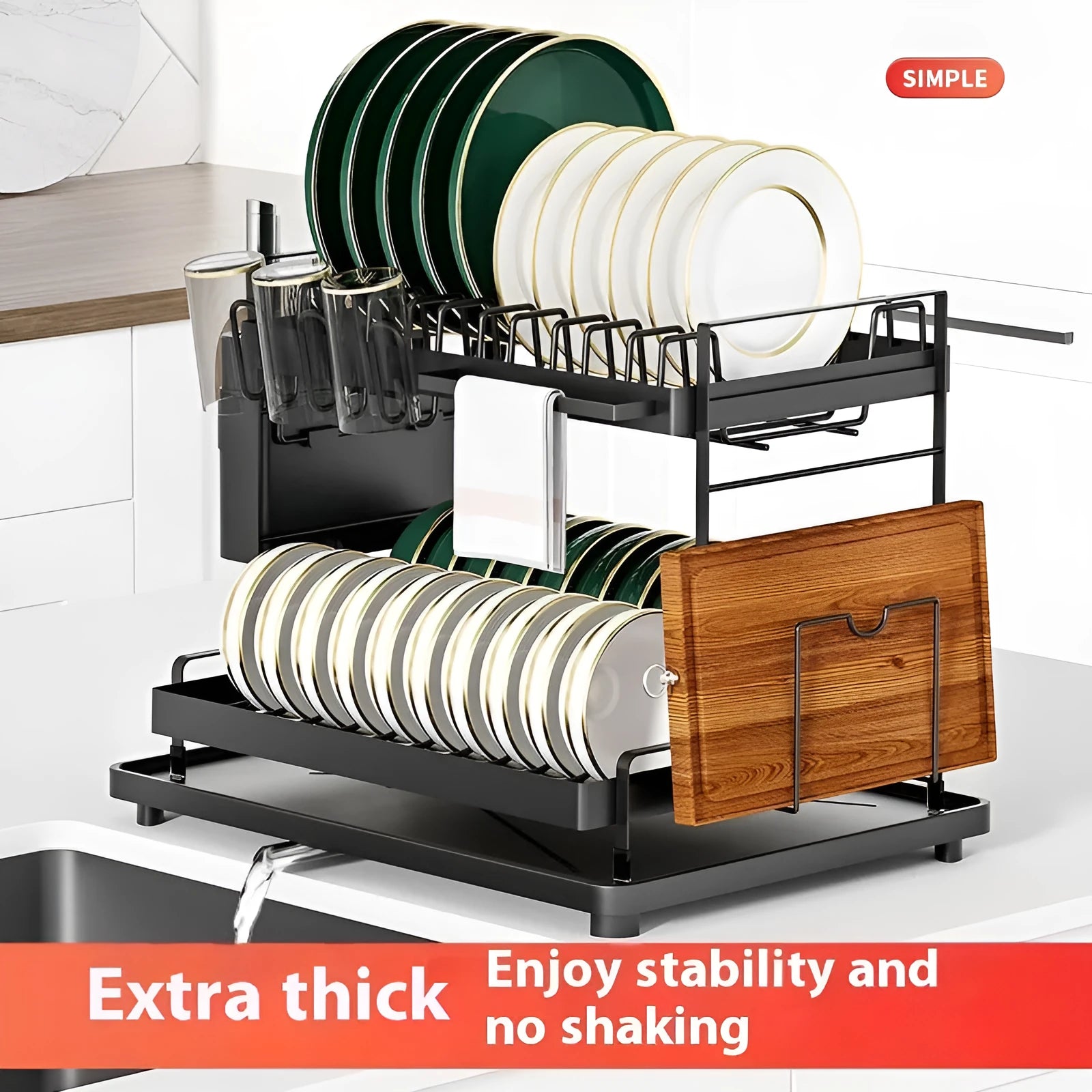 White double-layer kitchen storage rack with removable draining tray on countertop