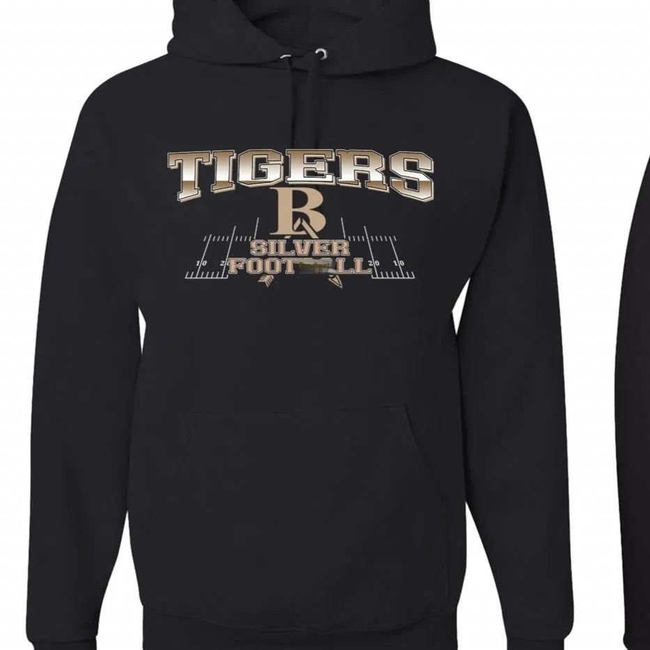 Black men's hoodie with drop-shoulder sleeves, laid flat showing simple pullover design.