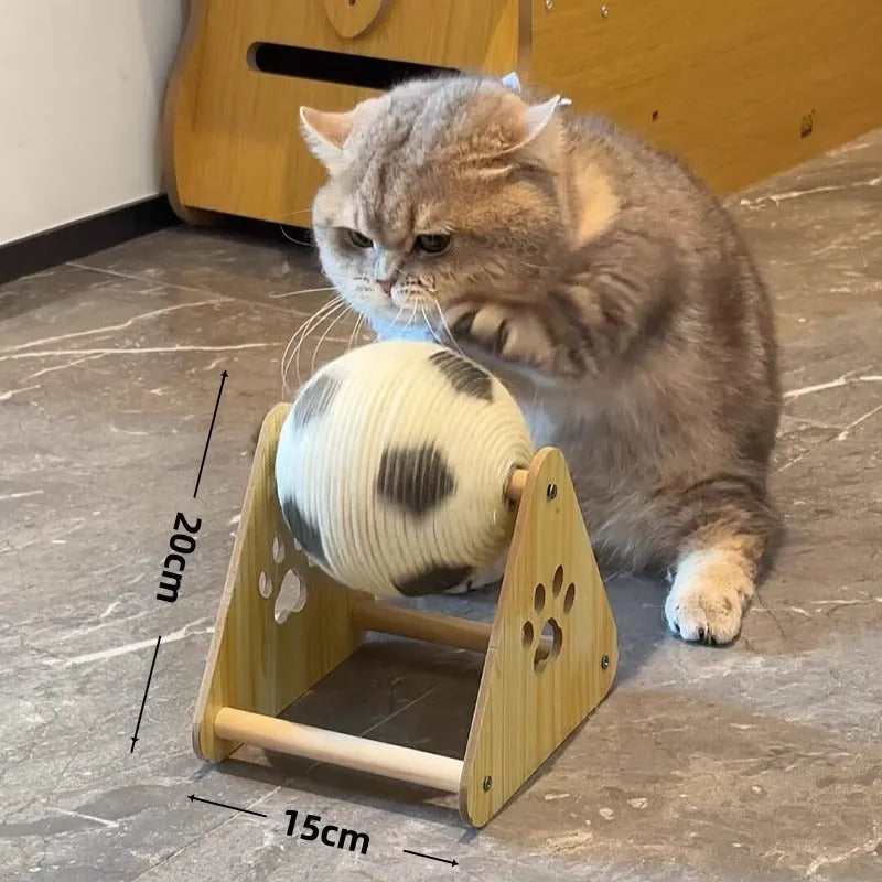 Vertical wooden cat scratching post in football style with solid wood frame and sisal rope surface for claw grinding.