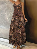 Dark brown leopard print hip skirt dress with sleeveless round neck and shoulder straps