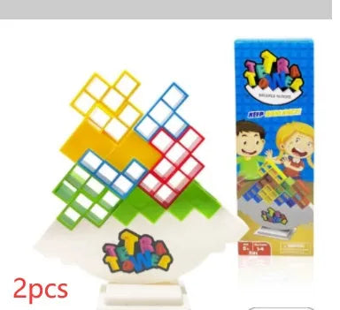 Plastic balance stacking tower game with coloured blocks on a base for kids and adults
