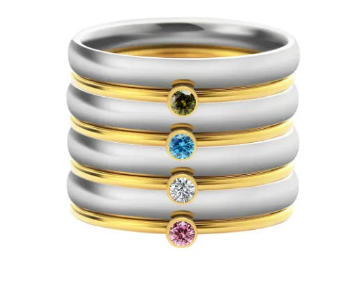 December birthstone engraved titanium steel ring with gold electroplating on geometric band.