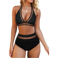 Women's black, red and leopard print two-piece bikini swimsuit set on a white background.