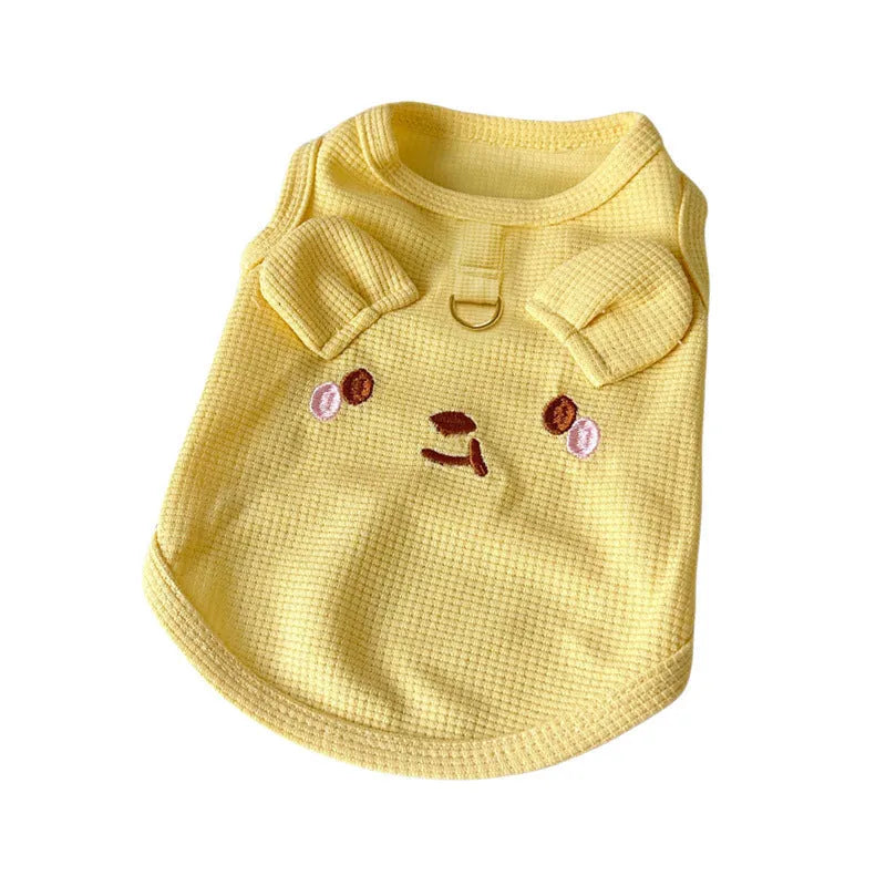 Waffle knit dog and cat vest in yellow, pink or white colours with textured pattern