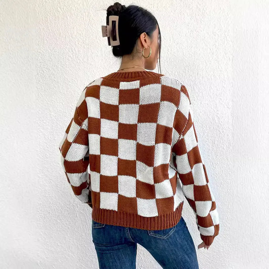 Dark brown plaid pattern acrylic pullover sweater with loose round neck and long sleeves