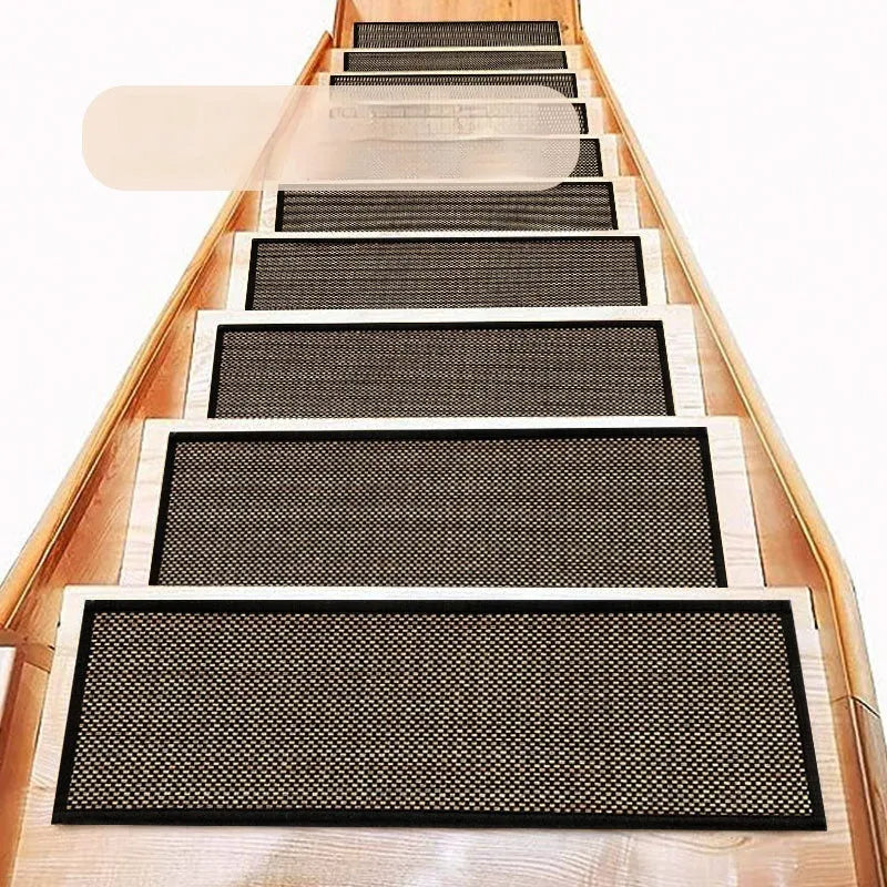 Japanese-style linen-look polyester stair mat in camel colour on a wooden step