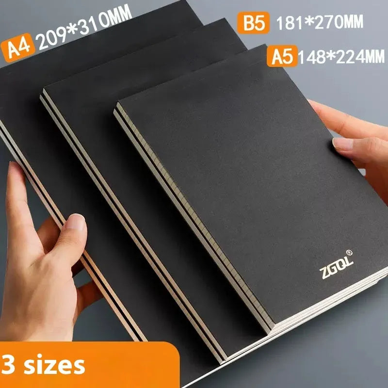 A5, B5 and A4 tearable writing pads showing grid, lined and blank page options