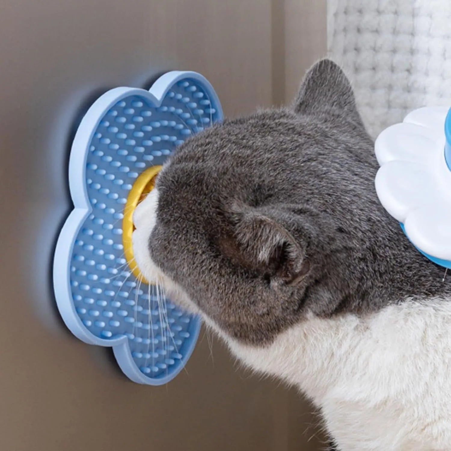 Flower-shaped silicone pet lick mat with suction cups on the base, shown in a choice of colours.