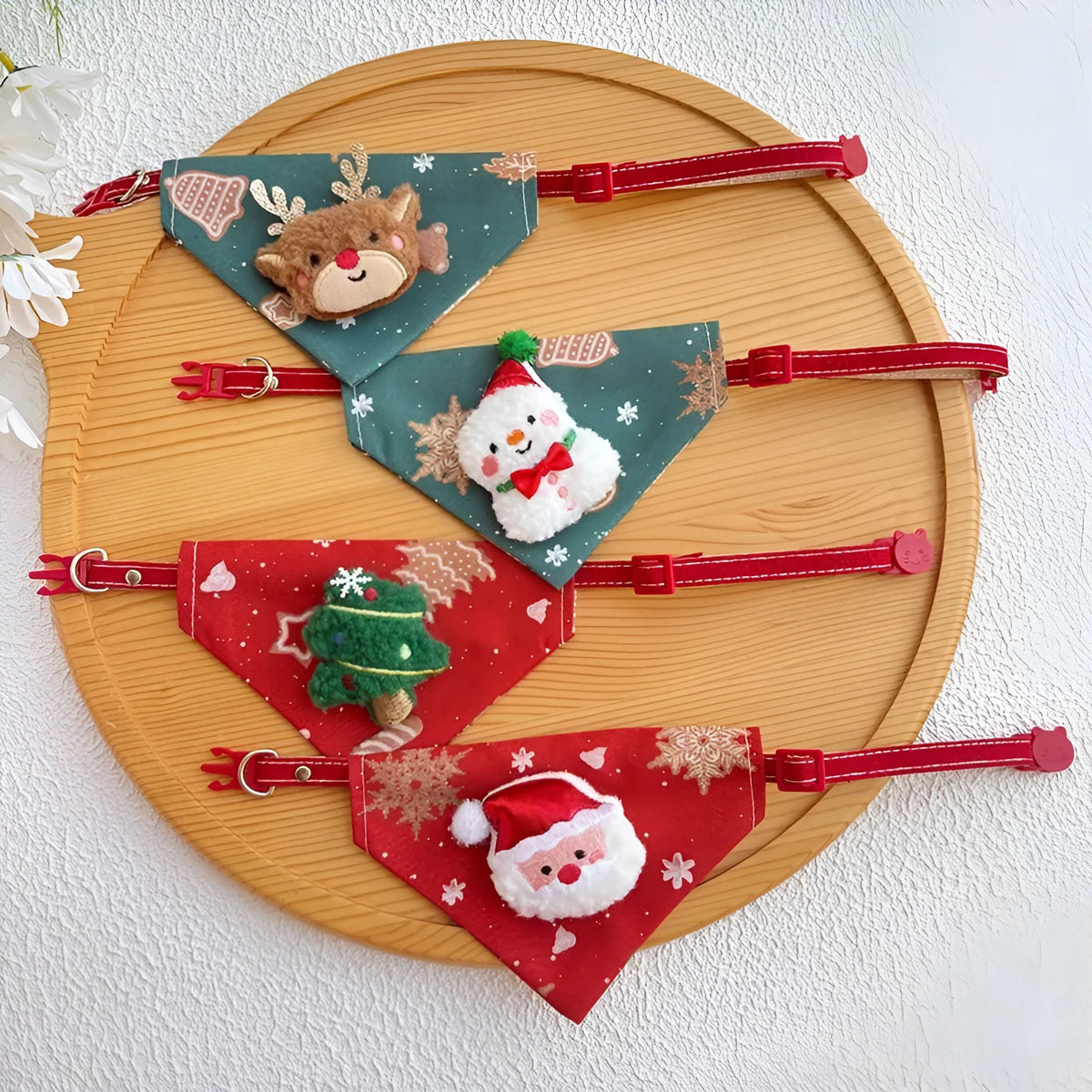 Red Christmas pet handkerchief scarf with Santa Claus and Christmas tree appliques, adjustable collar fit 9.06-15.75 inches.