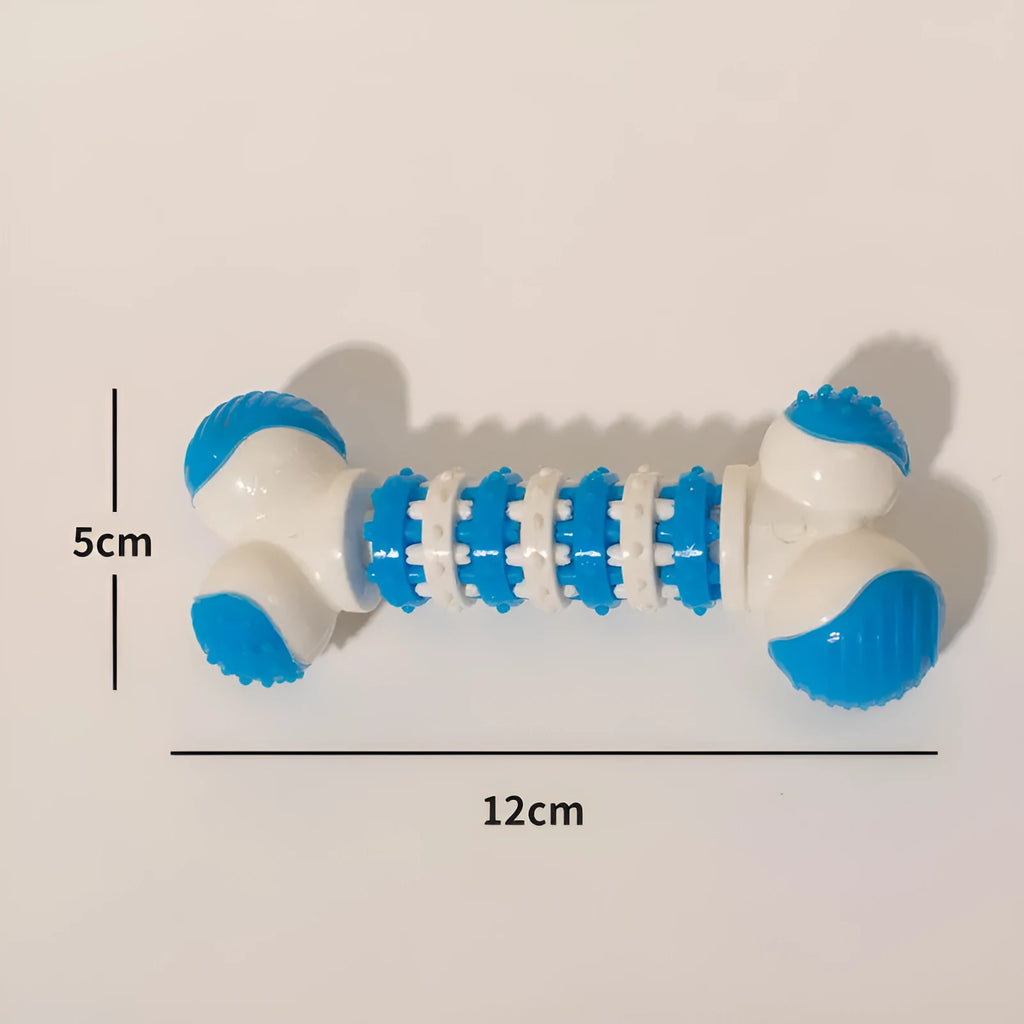 Blue bone-shaped interactive dog toy with a treat holder in the centre for small breed dogs.
