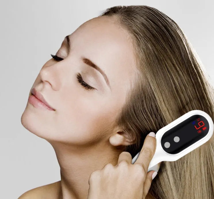 White electric head massager comb with red and blue light therapy, 26 massage contacts, and LED display.