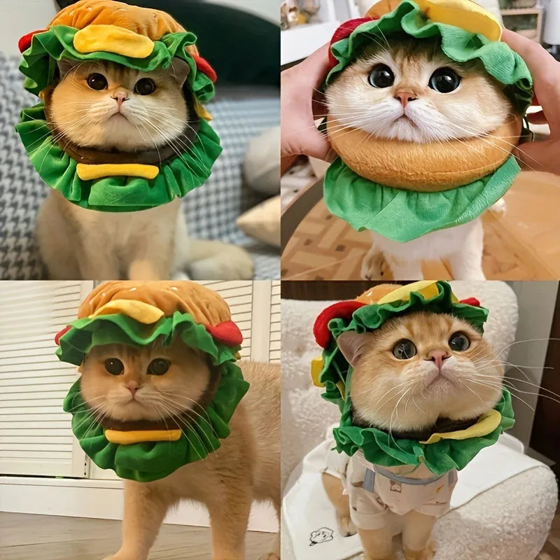 Cat wearing adjustable burger headdress collar with sesame bun design details