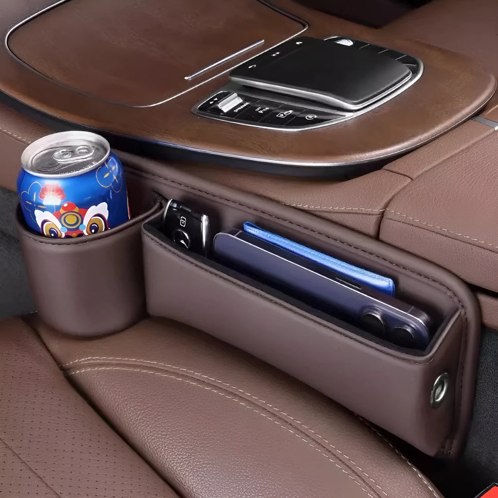 Leather car seat gap storage box with water cup holder in black