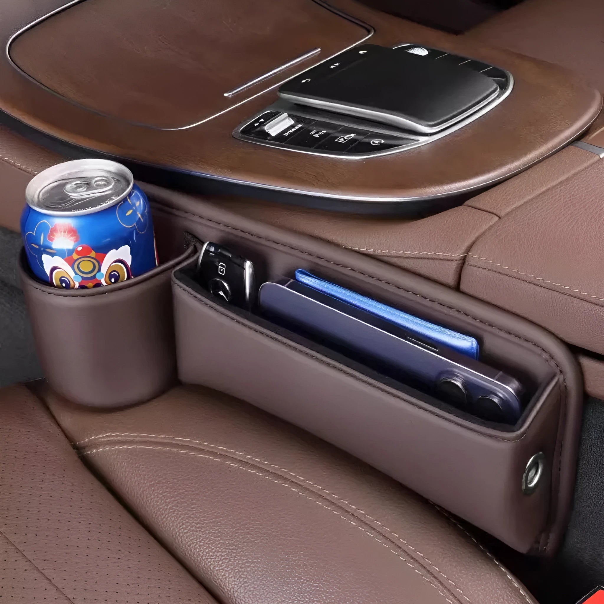 Leather car seat gap storage box with water cup holder in black
