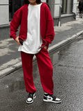 Street style long-sleeved coat and trousers two-piece set in solid colour polyester