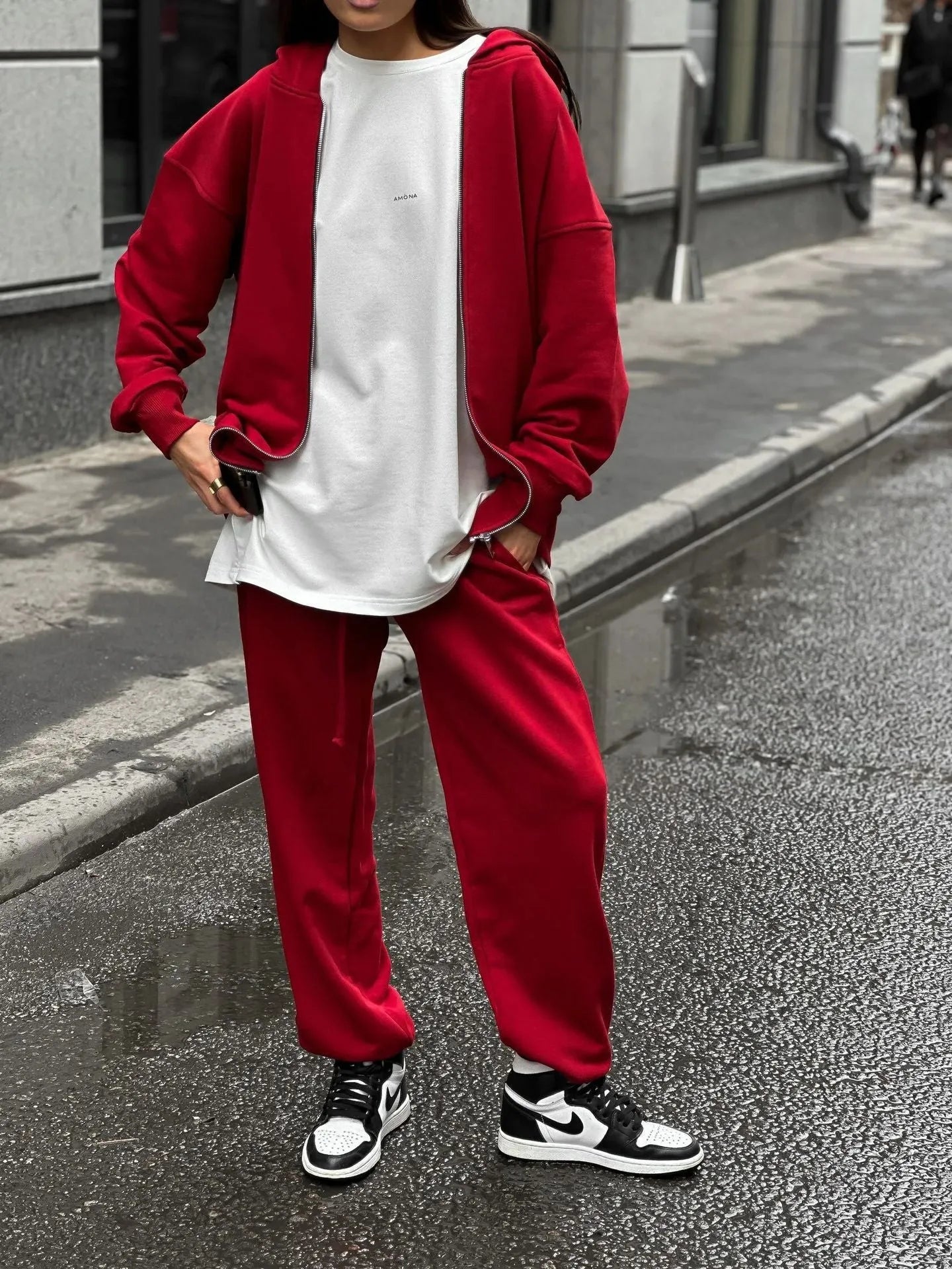 Street style long-sleeved coat and trousers two-piece set in solid colour polyester