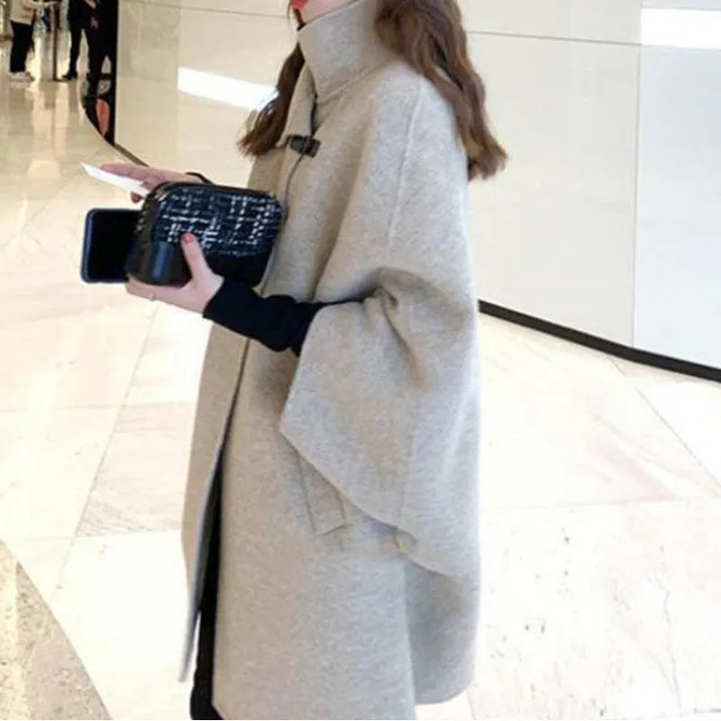 Women's oatmeal colour acrylic coat with flight sleeves and 100cm extended length