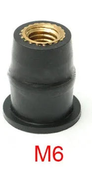 Black rubber motorcycle expansion well nuts with brass threads, set of 10 pieces in M4 M5 M6 sizes.