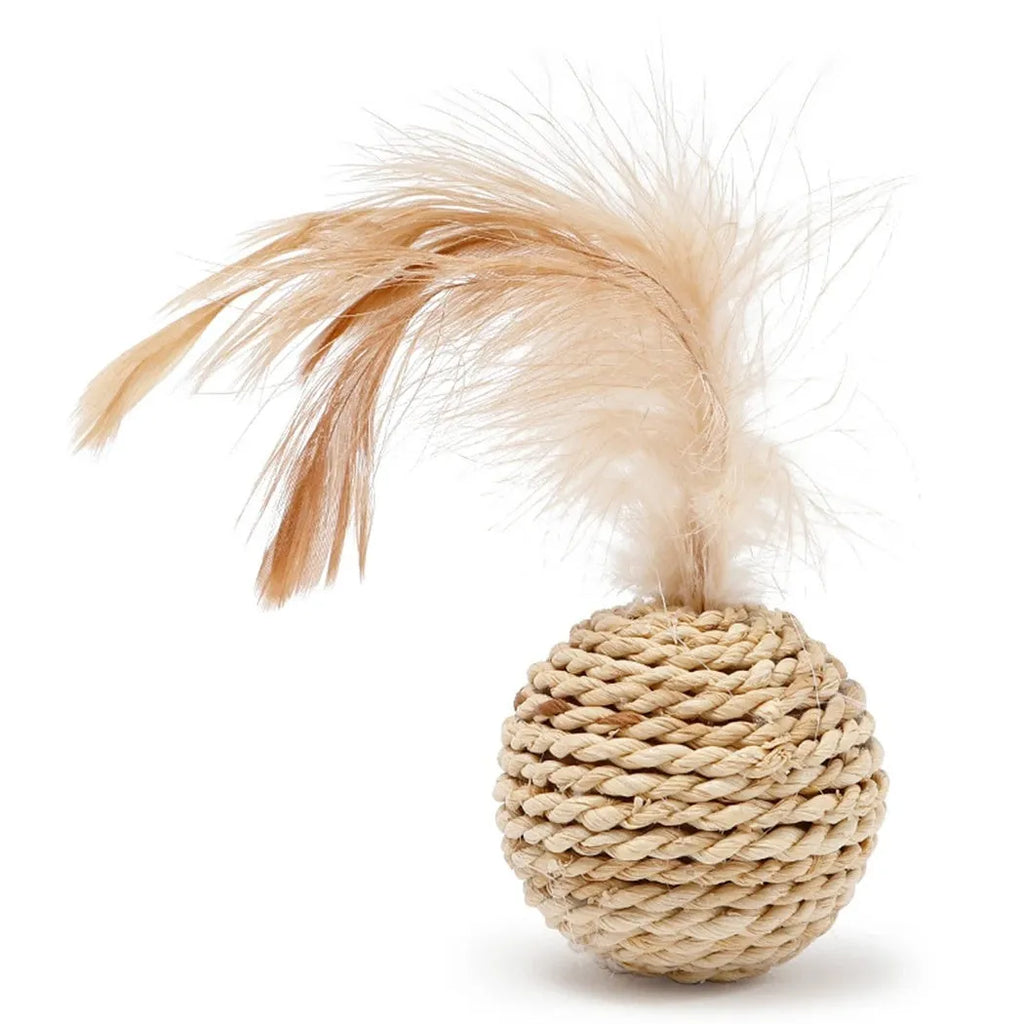 Two cat toy balls: one rattan sphere and one faux feather ball with bell, shown in primary colours