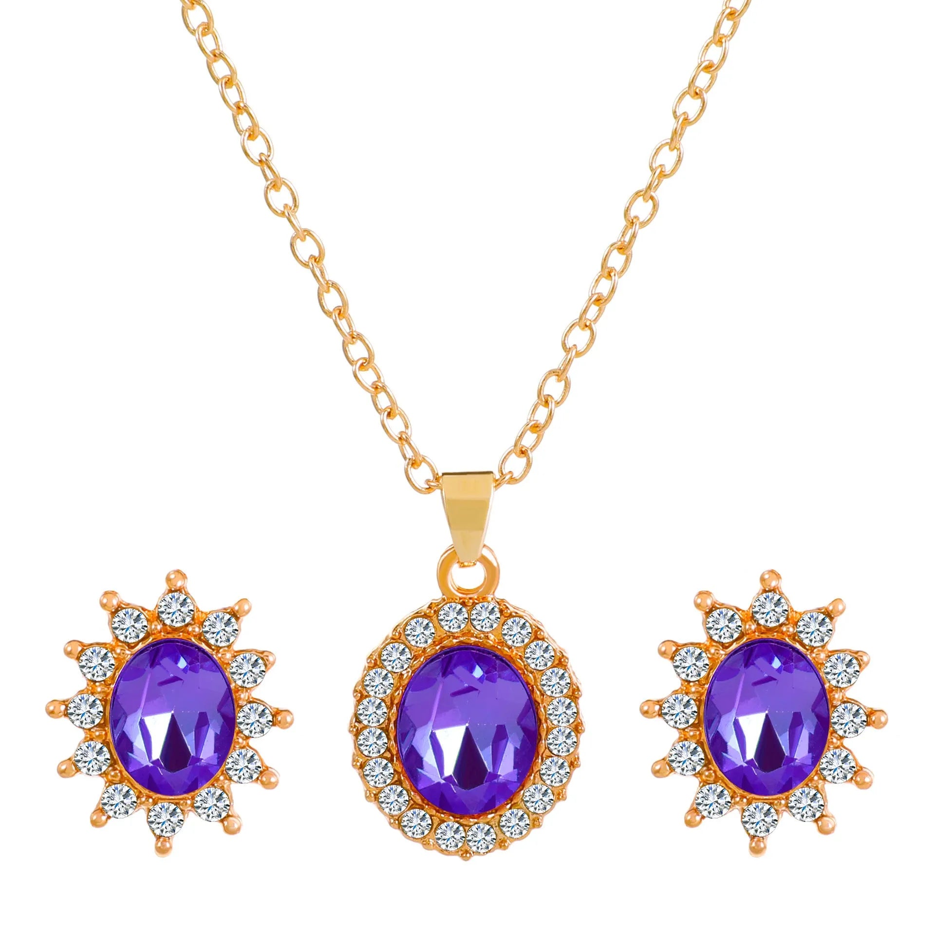 Rose gold sunflower earrings and necklace set for women on white background