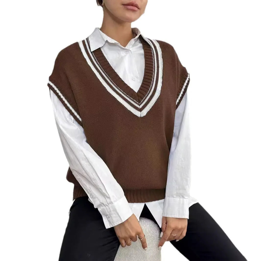 Women's college style acrylic blend sweater vest in loose pullover design