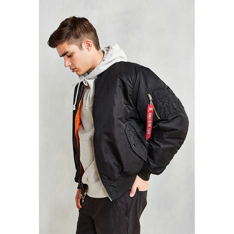 Men's army green loose fit nylon pilot jacket with cotton padding on a hanger.