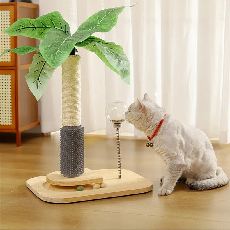 Wooden vertical cat scratching post with canna colour finish and food drop ball toy