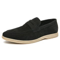 Men's beige, black, and khaki leather slip-on shoes with round toe and rubber sole