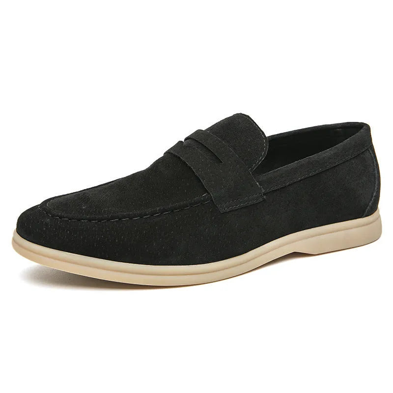 Men's beige, black, and khaki leather slip-on shoes with round toe and rubber sole