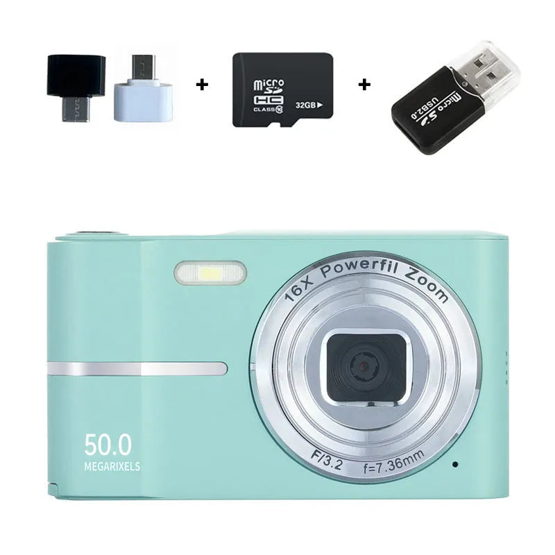 Compact HD 4K digital camera in black, green, pink, or white colours with full manual controls