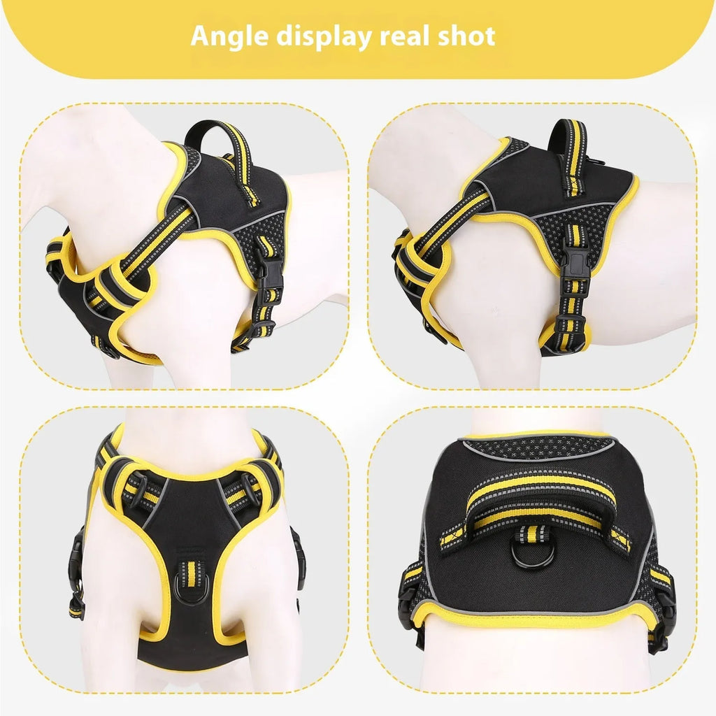 Yellow polyester dog harness and lead set with anti-break loose construction